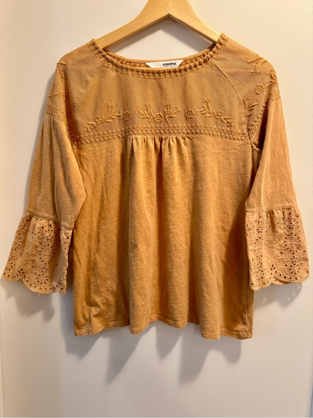 Sonoma Light Orange Embroidered Peasant Blouse Bell Sleeve 100% Cotton Size PL